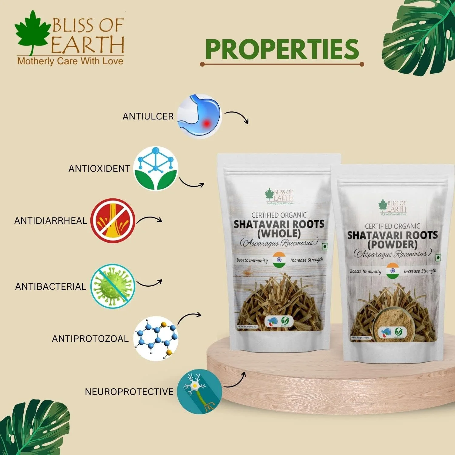 پودر ریشه شاتاواری ارگانیک بلیس آف ارث، مارچوبه راسیموسوس طبیعی و غیر تراریخته، مناسب برای ایمنی و هضم، 100 گرم