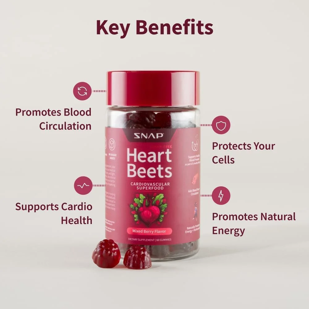 پاستیل ریشه چغندر ارگانیک Snap Supplements Heart Beets، مکمل پشتیبانی قلبی عروقی برای آقایان و بانوان، انار، اسفناج قرمز، پشتیبانی از سلامت قلب و گردش خون، بدون شکر، گیلاس، 60 پاستیل