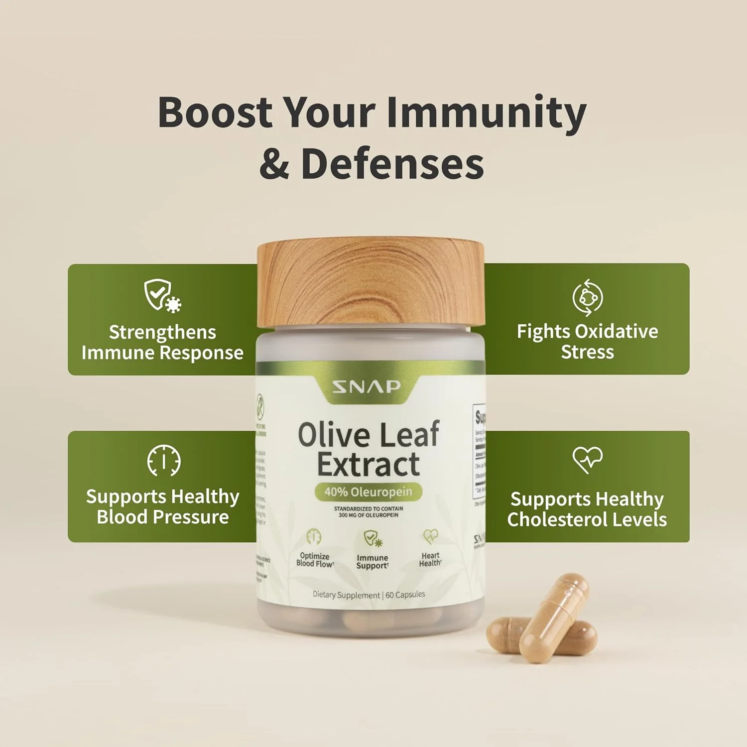 مکمل برگ زیتون | قدرت فوق العاده ۴۰% اولئوروپین برای پشتیبانی از فشار خون، بهبود هضم، افزایش آنتی اکسیدان، بهبود عملکرد مغز، ضد التهاب | ۶۰ کپسول