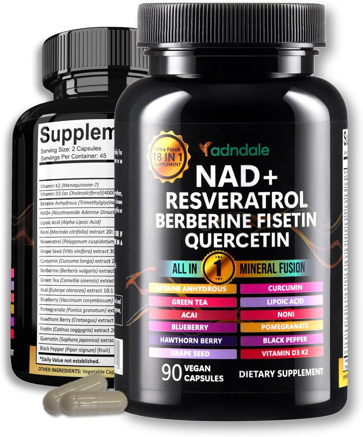 مکمل NAD 300mg و رسوراترول 1000mg ارگانیک. فرمول طول عمر اختصاصی با NAD+ لیپوزومی، ترانس رسوراترول، کوئرستین، بتائین بدون آب، دانه انگور، فیستین. 90 کپسول، 9555mg در هر وعده.