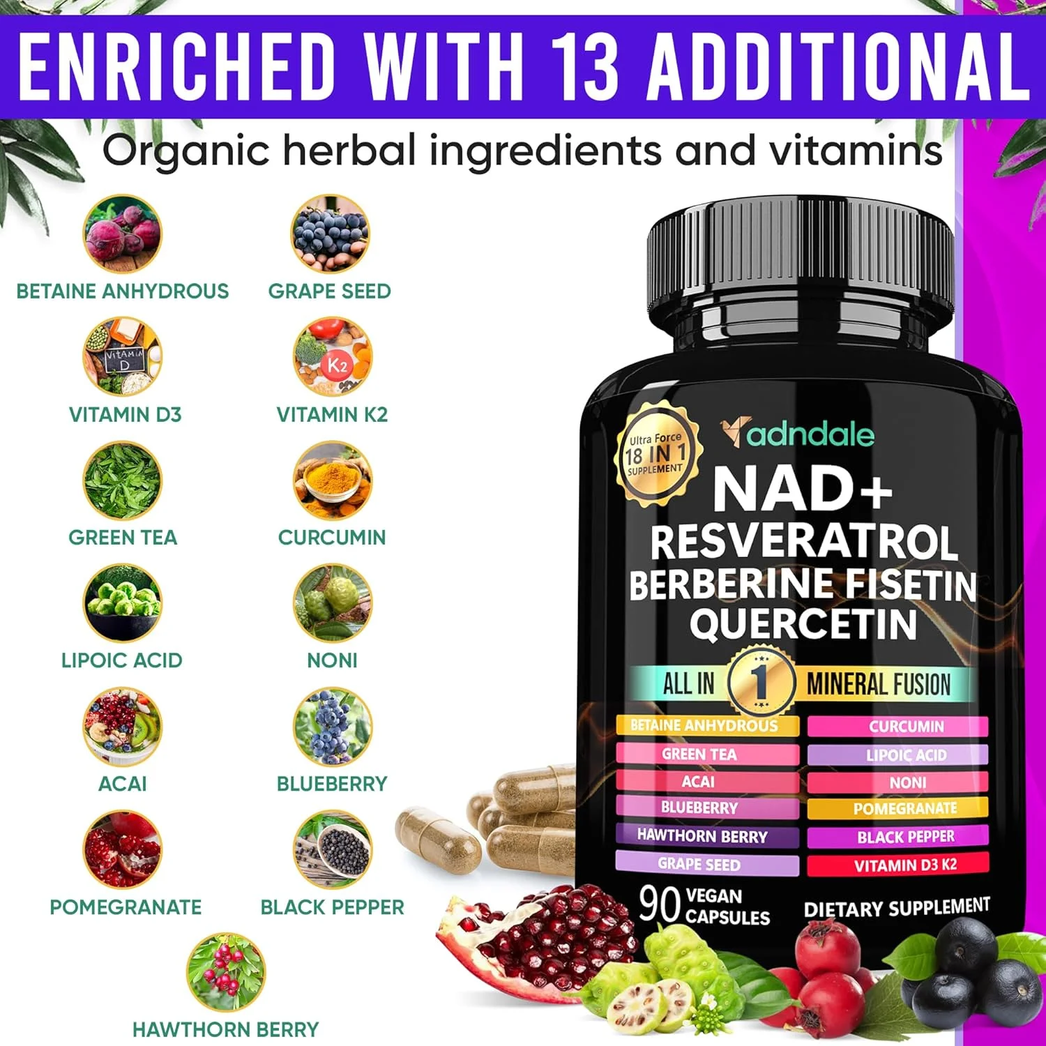 مکمل NAD 300mg و رسوراترول 1000mg ارگانیک. فرمول طول عمر اختصاصی با NAD+ لیپوزومی، ترانس رسوراترول، کوئرستین، بتائین بدون آب، دانه انگور، فیستین. 90 کپسول، 9555mg در هر وعده.