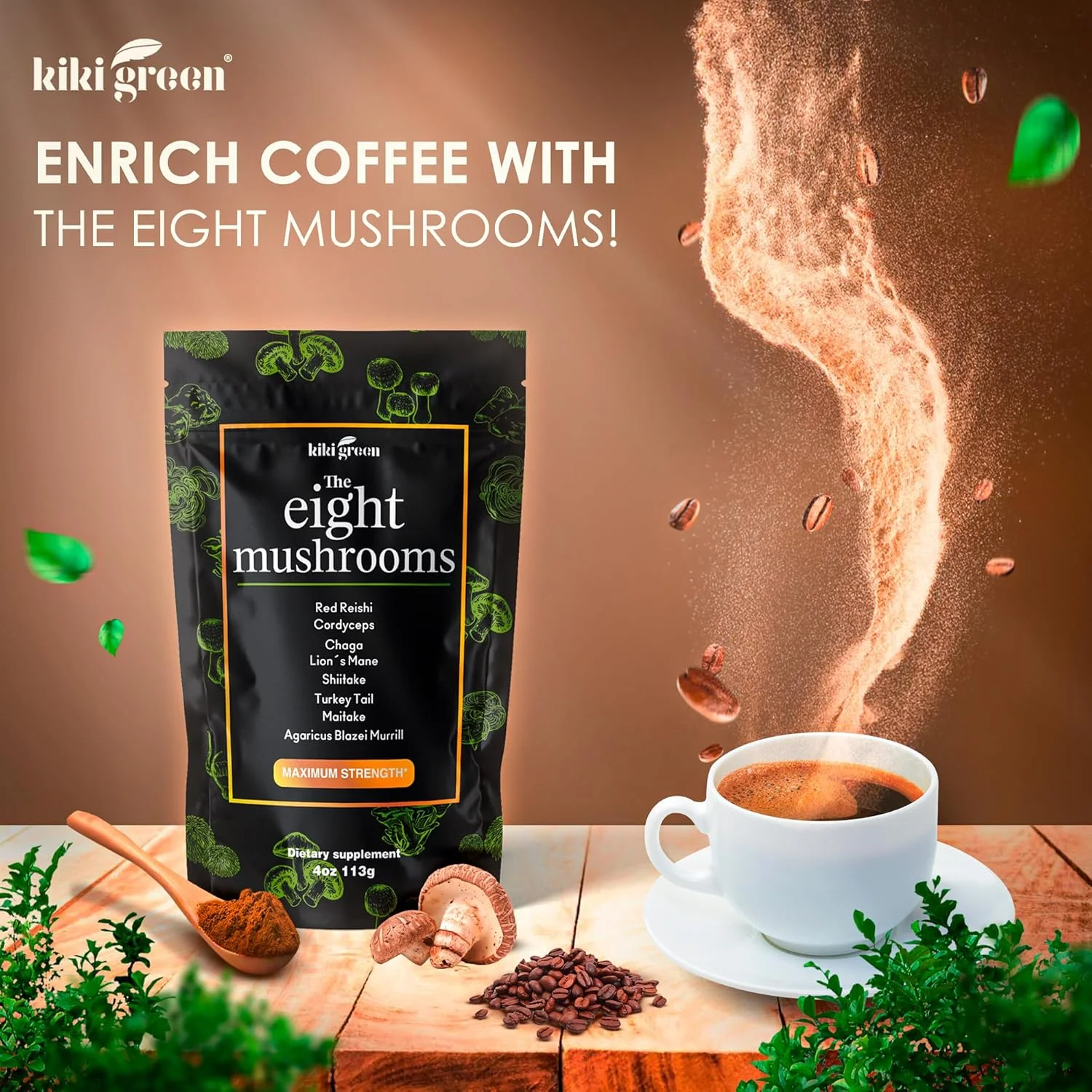 پودر عصاره قارچ سبز KIKI - ترکیب مکمل 8 قارچ برای قهوه و اسموتی | یال شیر، کوردیسپس، چاگا، ریشی، شیتاکه، دم بوقلمون، کمپلکس مایتاکه