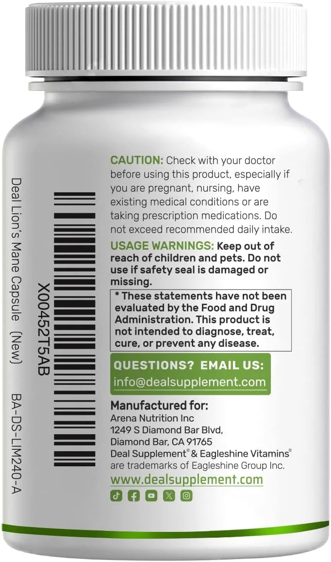 مکمل قارچ یال شیر، 7500 میلی گرم در هر وعده، 240 کپسول - عصاره 10:1 بدنه میوه فعال و میسلیوم - تقویت کننده طبیعی مغز و سیستم ایمنی - غیر GMO