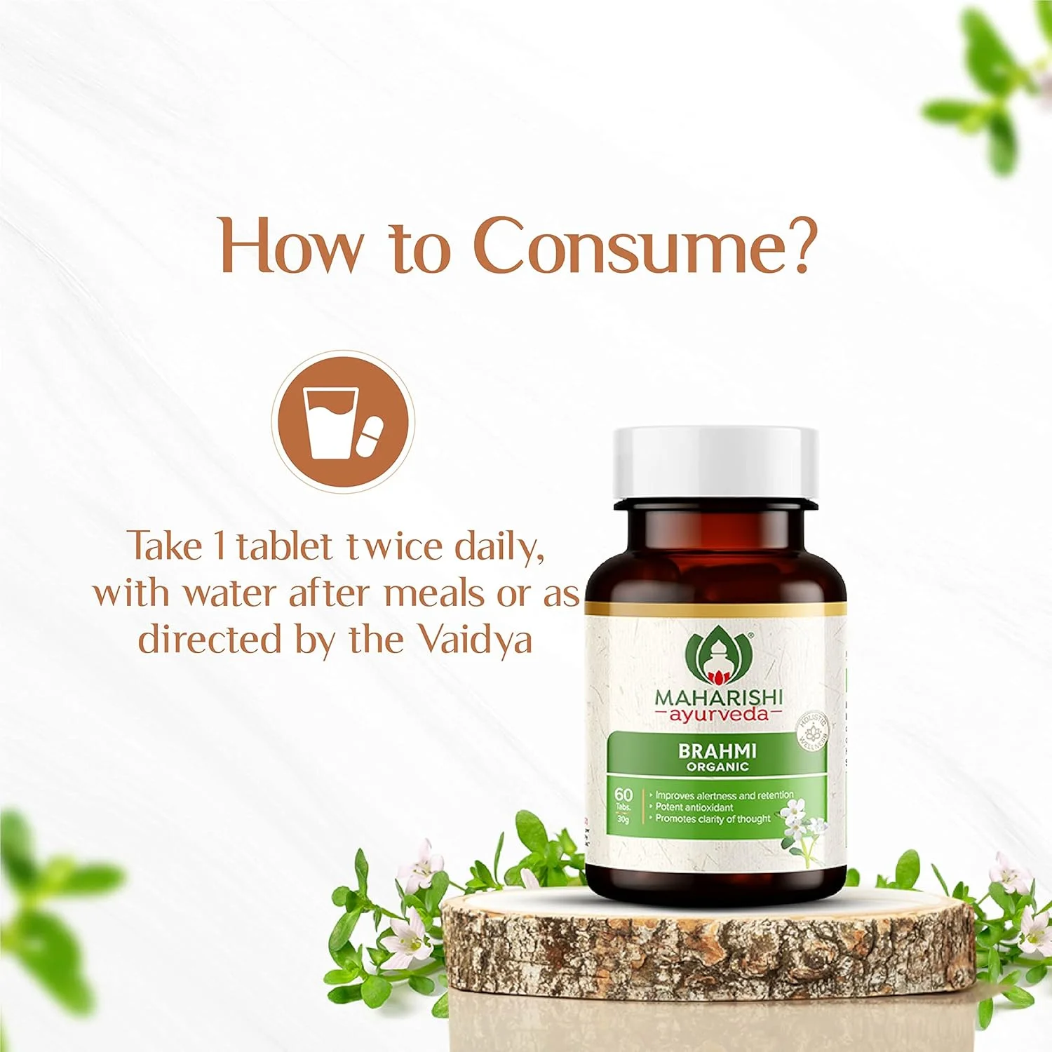 قرص های برهمی ارگانیک Maharishi Ayurveda | برای سلامت مغز | تقویت کننده سیستم عصبی | کمک به بهبود هوشیاری | تقویت کننده حافظه | کمک به کاهش استرس | 60 عدد - بسته 2 عددی (120 قرص)