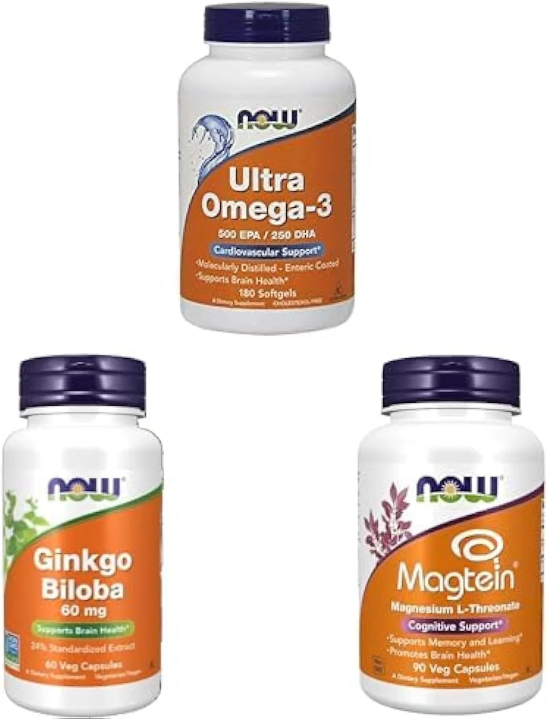 مجموعه پشتیبانی حافظه و مغز ناو: امگا 3 فوق العاده 500 EPA / 250 DHA 180 سافت ژل + جینکوبیلوبا 60 میلی گرم 60 کپسول گیاهی + مگتئین 90 کپسول گیاهی