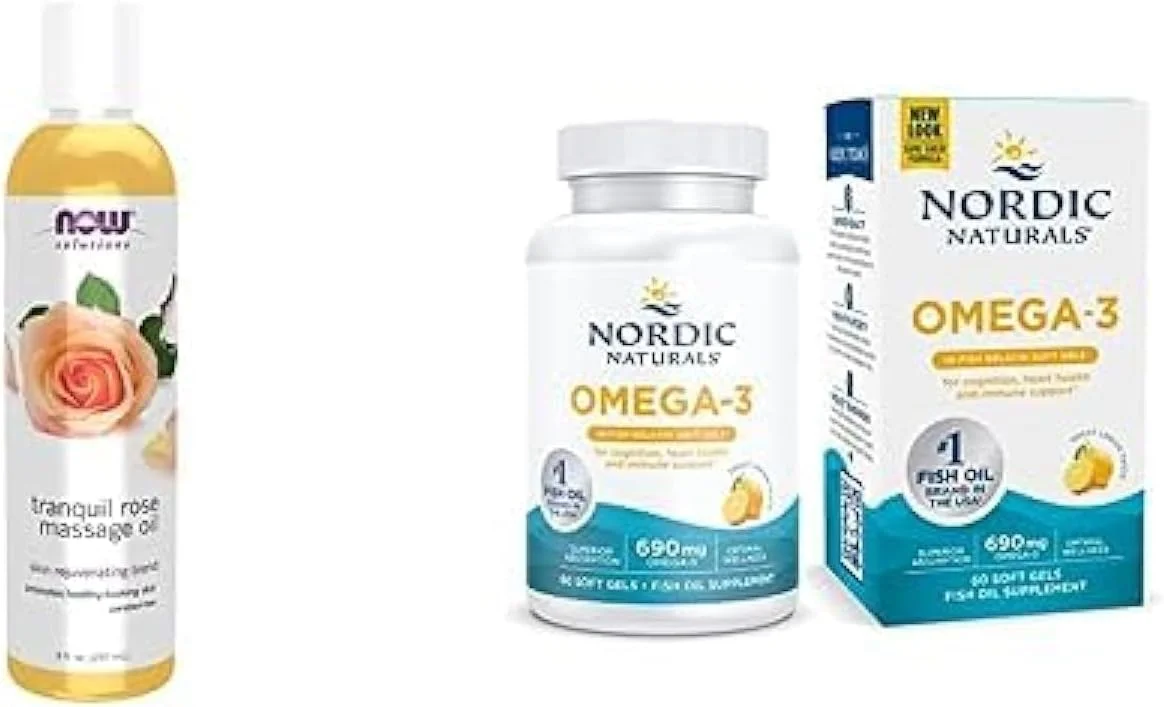 مجموعه مکمل های Now Solutions: روغن ماساژ رز آرامش بخش Now Solutions، 236 میلی لیتر + امگا 3 نوردیک نچرالز در ژلاتین ماهی، 60 سافت ژل