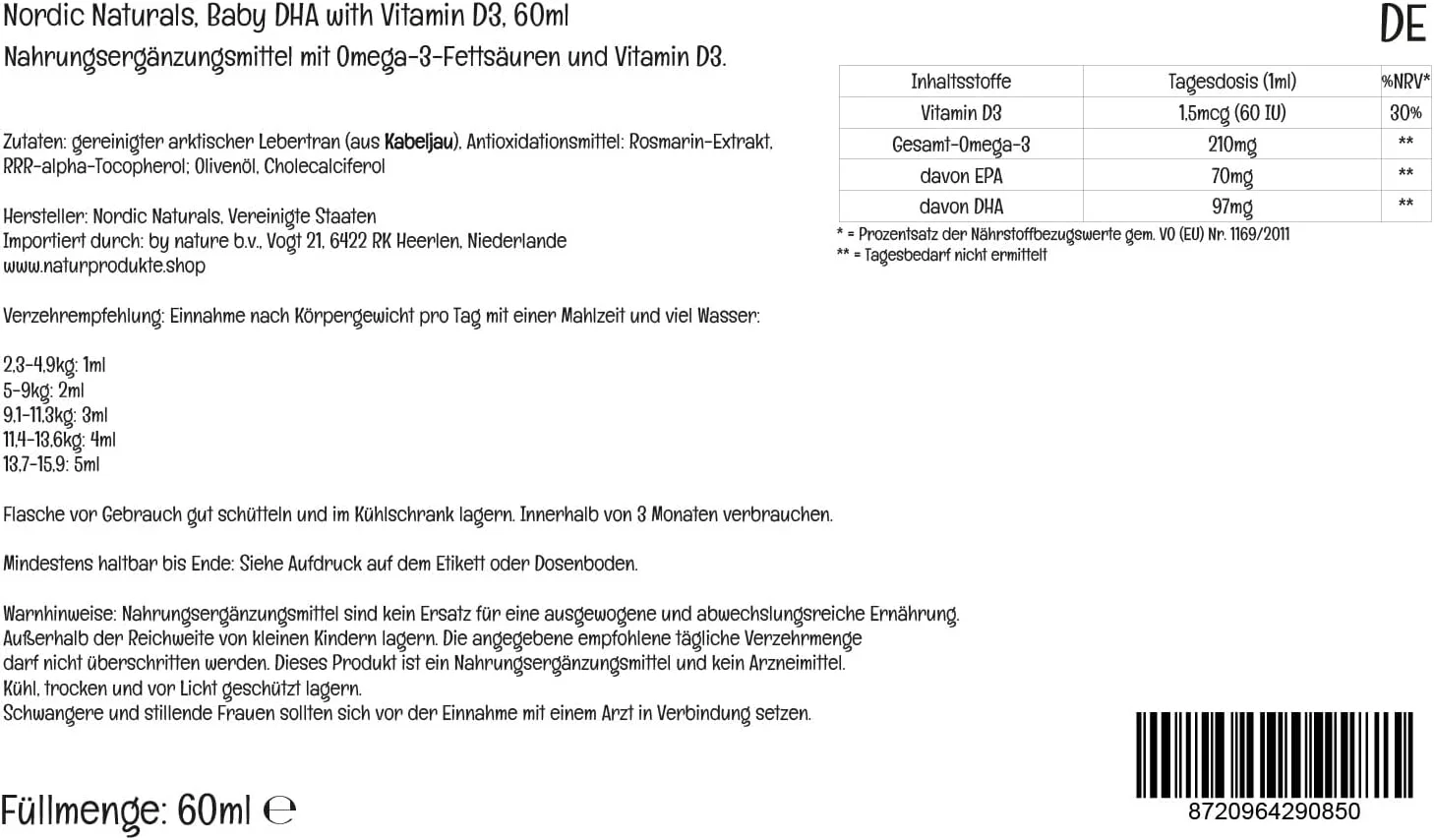 نوردیک نچرالز، Baby-DHA به همراه ویتامین D3، 60 میلی لیتر، 210 میلی گرم امگا 3 در هر دوز، بدون طعم، بدون گلوتن، بدون سویا، بدون GMO نوردیک نچرالز، Baby-DHA به همراه ویتامین D3، 60 میلی لیتر، 210 میلی گرم امگا 3 در هر دوز، بدون طعم، بدون گلوتن، بدون سویا، بدون GMO