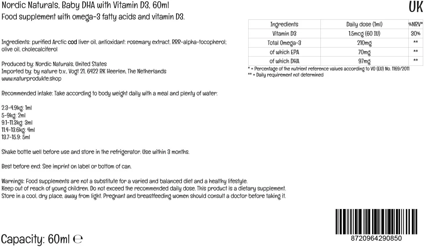 نوردیک نچرالز، Baby-DHA به همراه ویتامین D3، 60 میلی لیتر، 210 میلی گرم امگا 3 در هر دوز، بدون طعم، بدون گلوتن، بدون سویا، بدون GMO نوردیک نچرالز، Baby-DHA به همراه ویتامین D3، 60 میلی لیتر، 210 میلی گرم امگا 3 در هر دوز، بدون طعم، بدون گلوتن، بدون سویا، بدون GMO