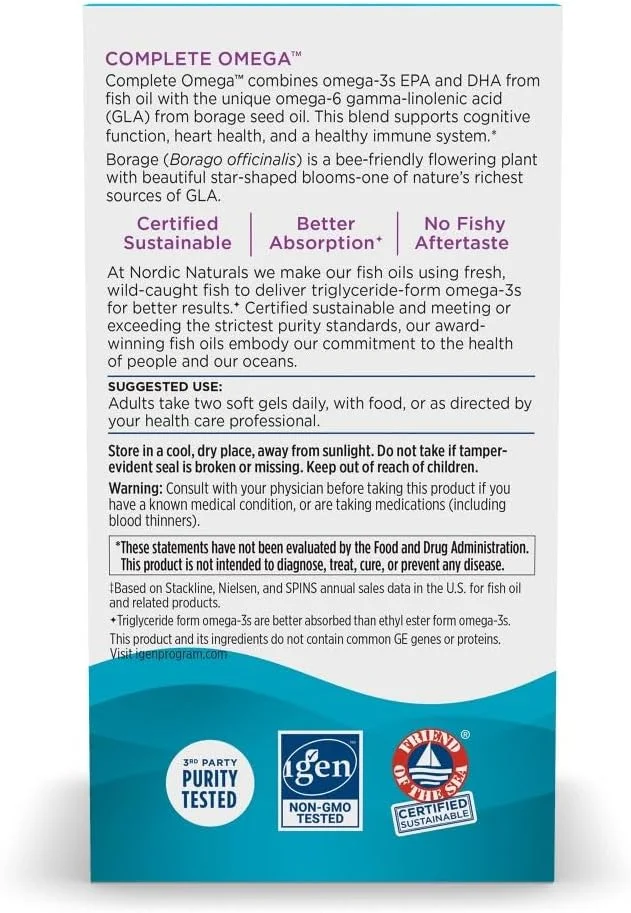 نوردیک نچرالز امگا کامل، طعم لیمو - 60 سافت ژل - 565 میلی گرم امگا 3 - EPA و DHA به همراه GLA - پوست و مفاصل سالم، شناخت، خلق و خوی مثبت - غیر GMO - 30 سروینگ