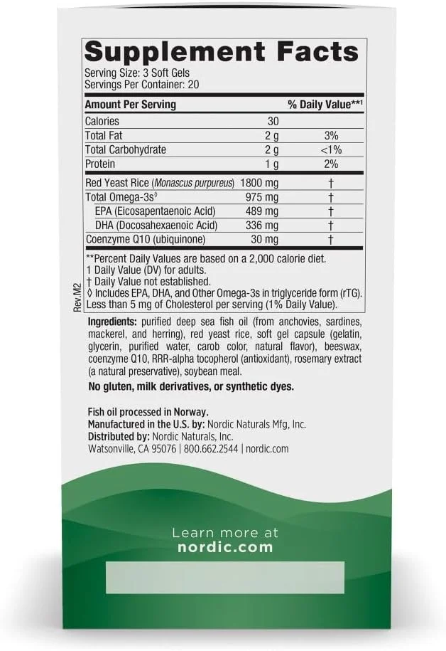 نوردیک نچرالز، امگا LDL با برنج مخمر قرمز و کوآنزیم Q10، 1000 میلی گرم، 60 سافت ژل