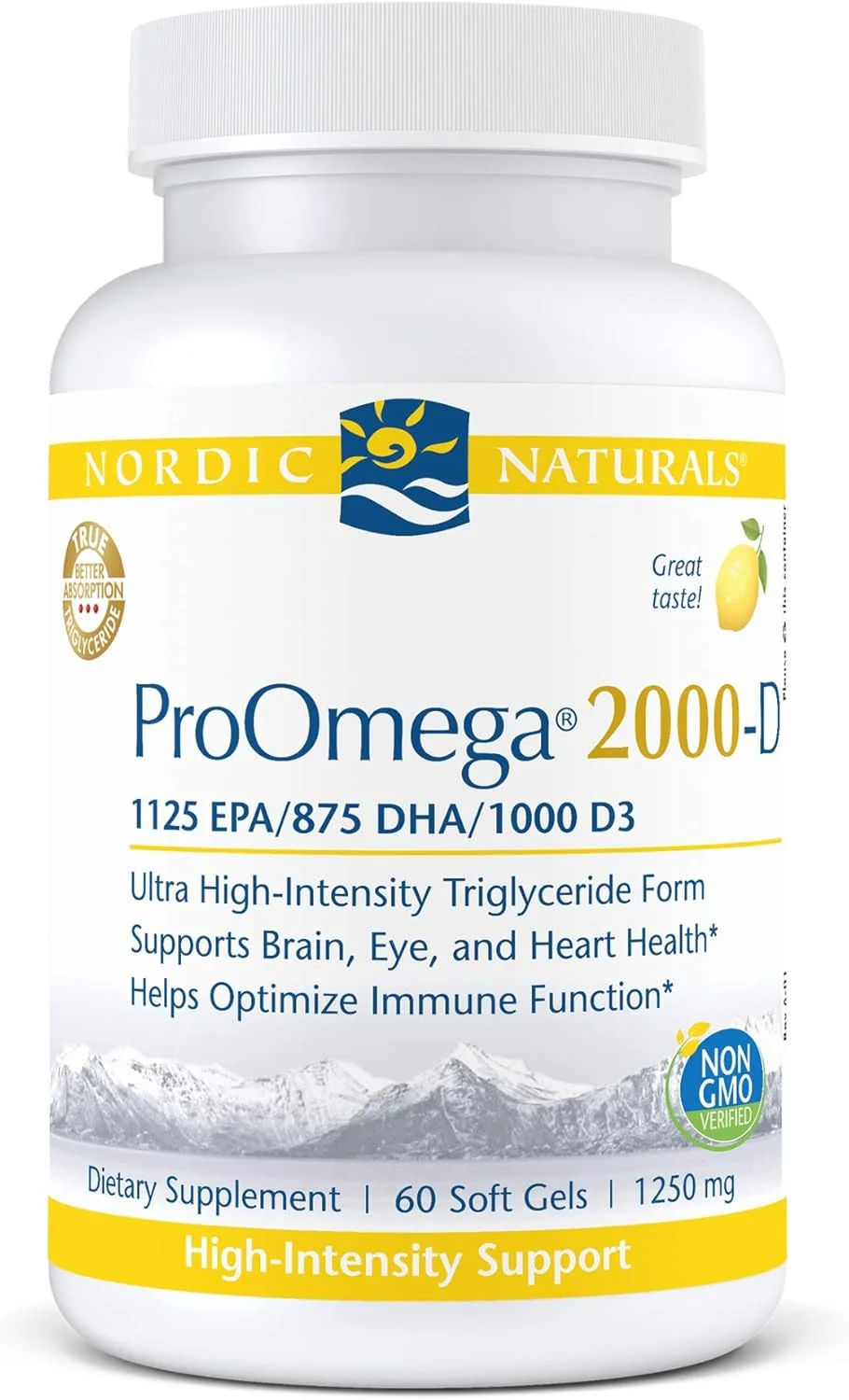 نوردیک نچرالز ProOmega 2000-D - روغن ماهی، 1125 میلی گرم EPA، 875 میلی گرم DHA، 1000 واحد بین المللی ویتامین D3، پشتیبانی با شدت بالا برای سلامت قلب و عروق، عصبی، چشم و سیستم ایمنی، طعم لیمو، 60 سافت ژل