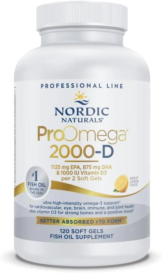 نوردیک نچرالز ProOmega 2000-D - روغن ماهی، 1125 میلی گرم EPA، 875 میلی گرم DHA، 1000 واحد بین المللی ویتامین D3، پشتیبانی با شدت بالا برای سلامت قلب و عروق، عصبی، چشم و ایمنی، طعم لیمو، 120 سافت ژل