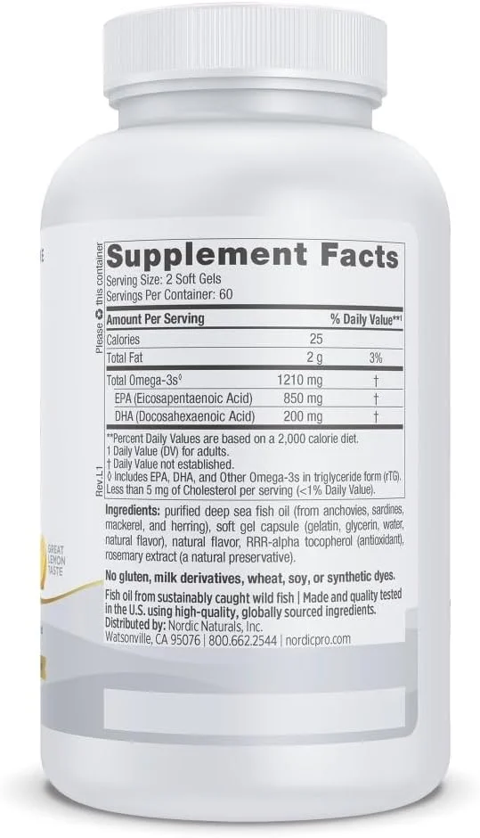نوردیک نچرالز Proepa - روغن ماهی، 850 میلی گرم EPA، 200 میلی گرم DHA، پشتیبانی هدفمند برای سلامت قلب و عروق، خلق و خوی سالم و عملکرد مطلوب سلولی*، طعم لیمو، 120 سافت ژل