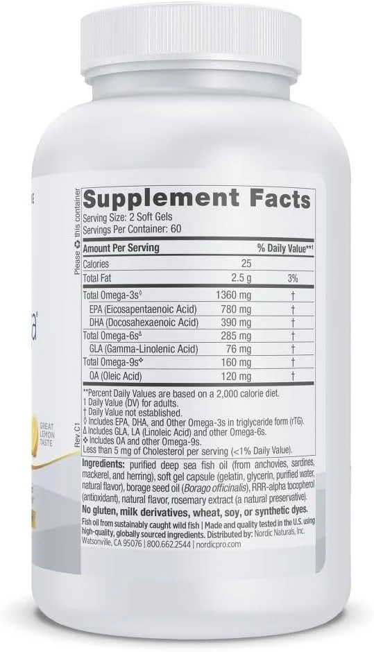 نوردیک نچرالز پرو امگا 3-6-9، طعم لیمو - 120 سافت ژل - 1360 میلی گرم امگا 3 - EPA و DHA به همراه GLA - پوست و مفاصل سالم، شناخت، خلق و خوی مثبت - غیر GMO - 60 سروینگ