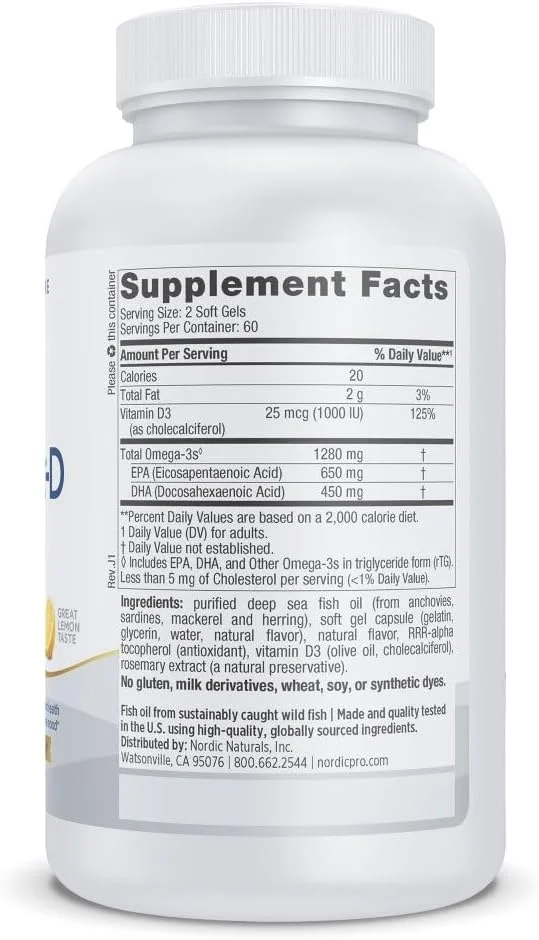 نوردیک نچرالز پروامگا-D - روغن ماهی، 650 میلی گرم EPA، 450 میلی گرم DHA، 1000 واحد بین المللی ویتامین D3 کوله کلسیفرول، پشتیبانی از سلامت قلب و عروق، عصبی، چشم و ایمنی، طعم لیمو، 120 عدد