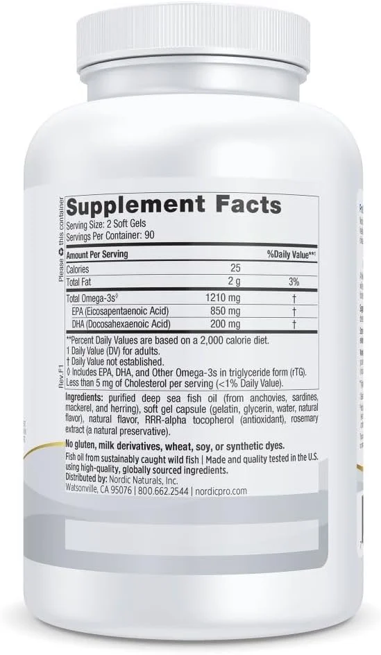 نوردیک نچرالز Proepa - روغن ماهی، 850 میلی گرم EPA، 200 میلی گرم DHA، پشتیبانی هدفمند برای سلامت قلب و عروق، خلق و خوی سالم و عملکرد مطلوب سلولی*، طعم لیمو، 180 سافت ژل