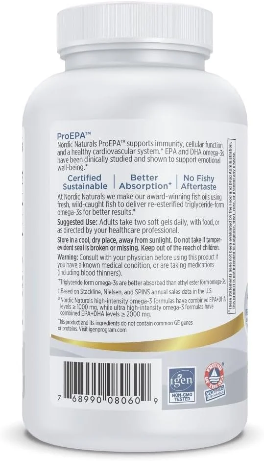 نوردیک نچرالز Proepa - روغن ماهی، 850 میلی گرم EPA، 200 میلی گرم DHA، پشتیبانی هدفمند برای سلامت قلب و عروق، خلق و خوی سالم و عملکرد مطلوب سلولی*، طعم لیمو، 120 سافت ژل