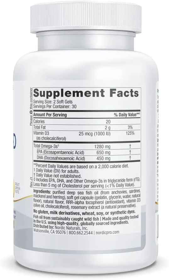 نوردیک نچرالز پرو امگا-دی، طعم لیمو - 60 سافت ژل - 1280 میلی گرم امگا 3 + 1000 واحد بین المللی ویتامین D3 - روغن ماهی با قدرت بالا - EPA و DHA - سلامت مغز، چشم، قلب، مفاصل و سیستم ایمنی - غیر GMO - 30 سروینگ