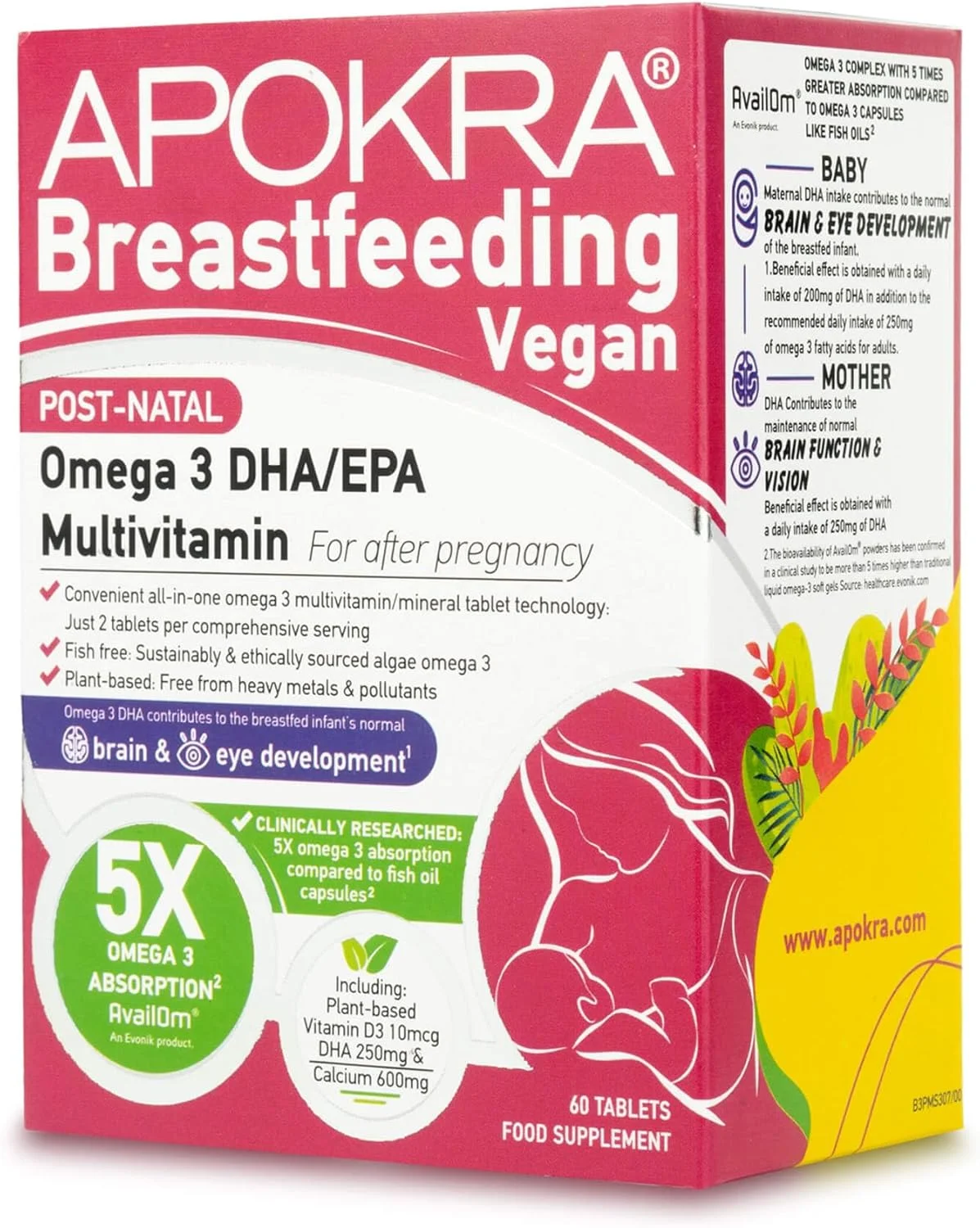 ۲۱ ماده مغذی برای دوران شیردهی | وگان - حاوی روغن جلبک امگا ۳ با جذب بالا، آهن و ید | ۱ بسته ماهانه ۶۰ عددی | آپوکرا