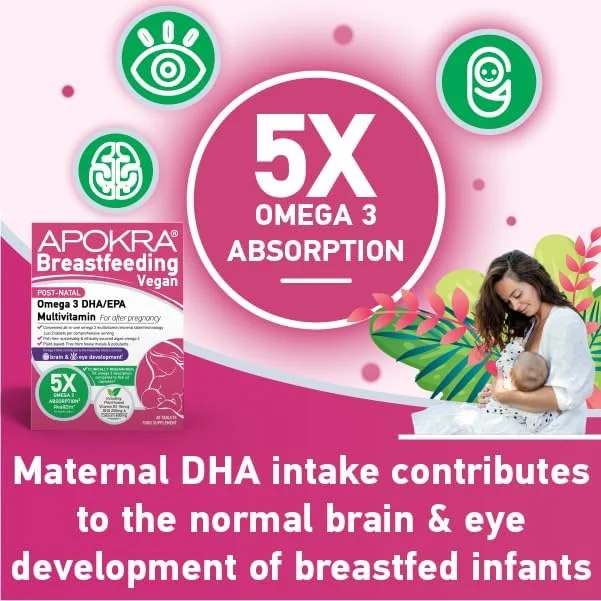 ۲۱ ماده مغذی برای دوران شیردهی | وگان - حاوی روغن جلبک امگا ۳ با جذب بالا، آهن و ید | ۱ بسته ماهانه ۶۰ عددی | آپوکرا