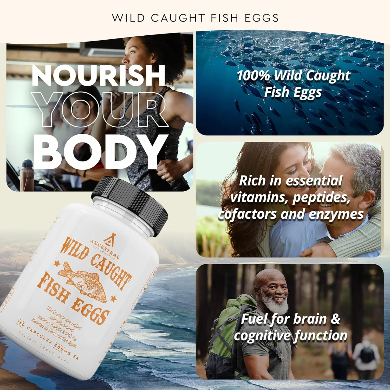 مکمل های غذایی نیاکان، تخم ماهی صید شده وحشی، پشتیبانی از مغز، قلب، باروری و کاهش التهاب (180 کپسول)