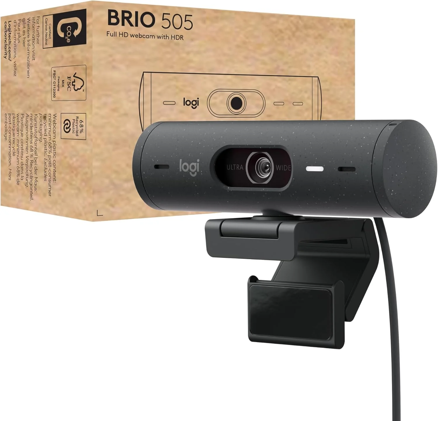 وب کم لاجیتک Brio 505 Full HD با تصحیح نور خودکار، کادربندی خودکار، حالت نمایش، میکروفون های دوگانه کاهش نویز، شاتر حریم خصوصی - سازگار با Microsoft Teams، Google Meet، Zoom، TAA