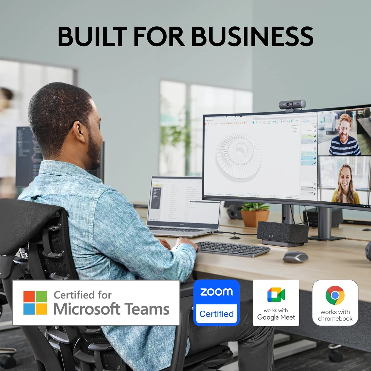 وب کم لاجیتک Brio 505 Full HD با تصحیح نور خودکار، کادربندی خودکار، حالت نمایش، میکروفون های دوگانه کاهش نویز، شاتر حریم خصوصی - سازگار با Microsoft Teams، Google Meet، Zoom، TAA