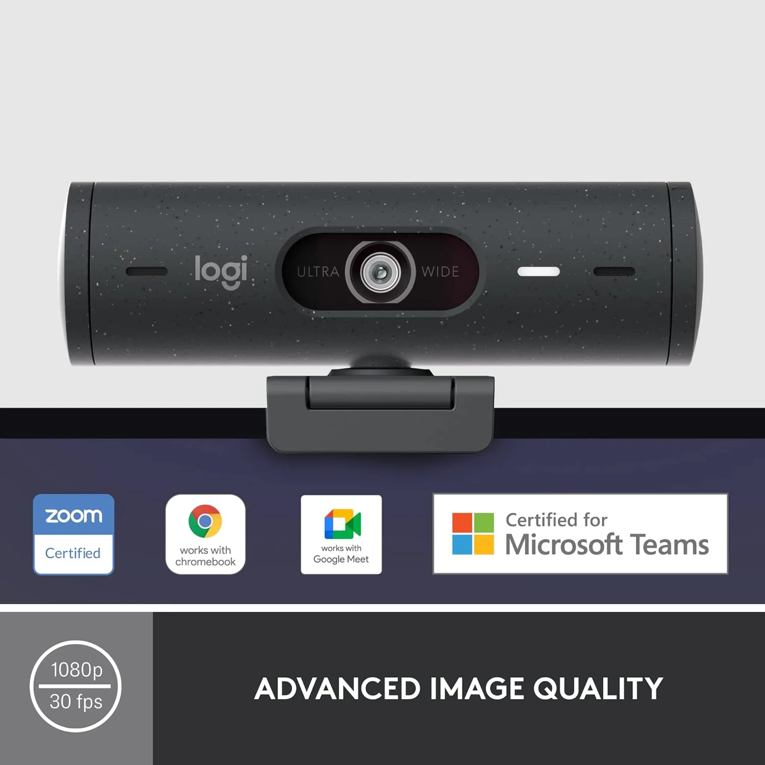 وب کم لاجیتک Brio 500 Full HD با تصحیح نور خودکار، حالت نمایش، میکروفون های دوگانه کاهش نویز، پوشش حریم خصوصی وب کم، سازگار با Microsoft Teams، Google Meet، Zoom، کابل USB-C - گرافیت
