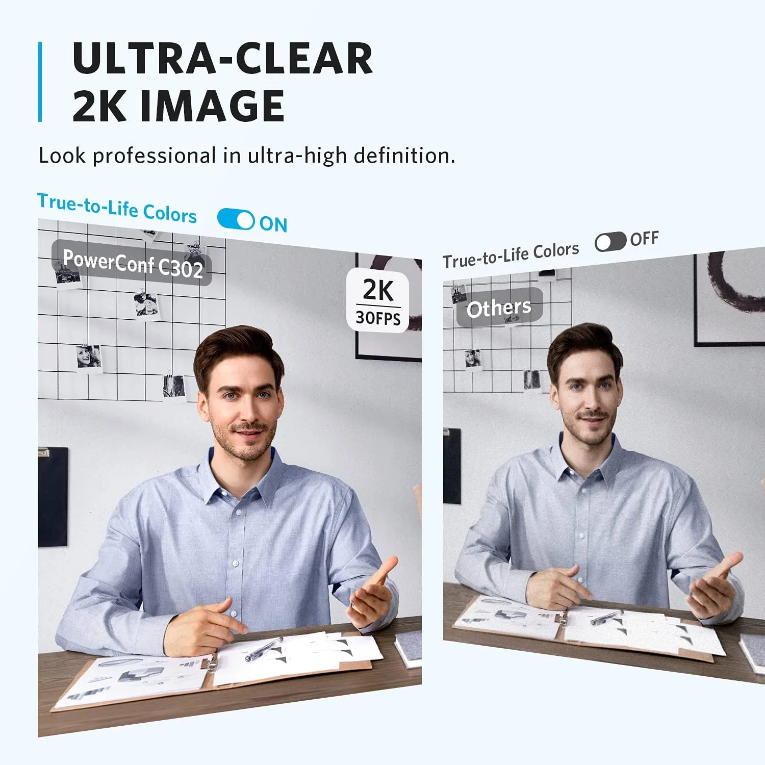 وب‌کم هوشمند Anker PowerConf C302 با کیفیت Full HD، دارای قاب‌بندی و فوکوس خودکار مبتنی بر هوش مصنوعی، وب‌کم 2K با میکروفون‌های حذف نویز، FoV قابل تنظیم، HDR، 30 فریم در ثانیه، اصلاح نور کم، مناسب استریمینگ