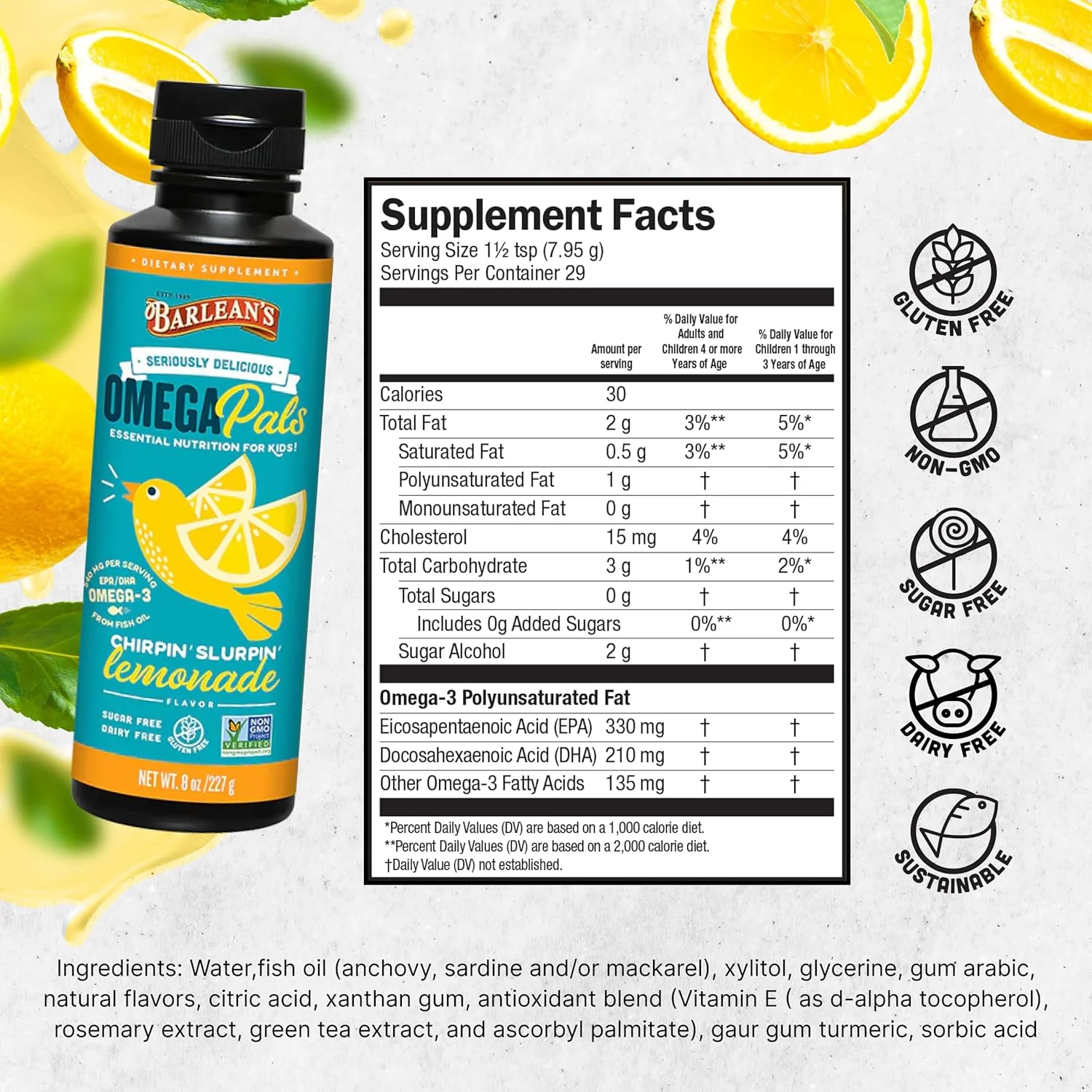 روغن ماهی امگا پالز بارلین، طعم لیموناد، 236 میلی لیتر، بسته بندی ممکن است متفاوت باشد