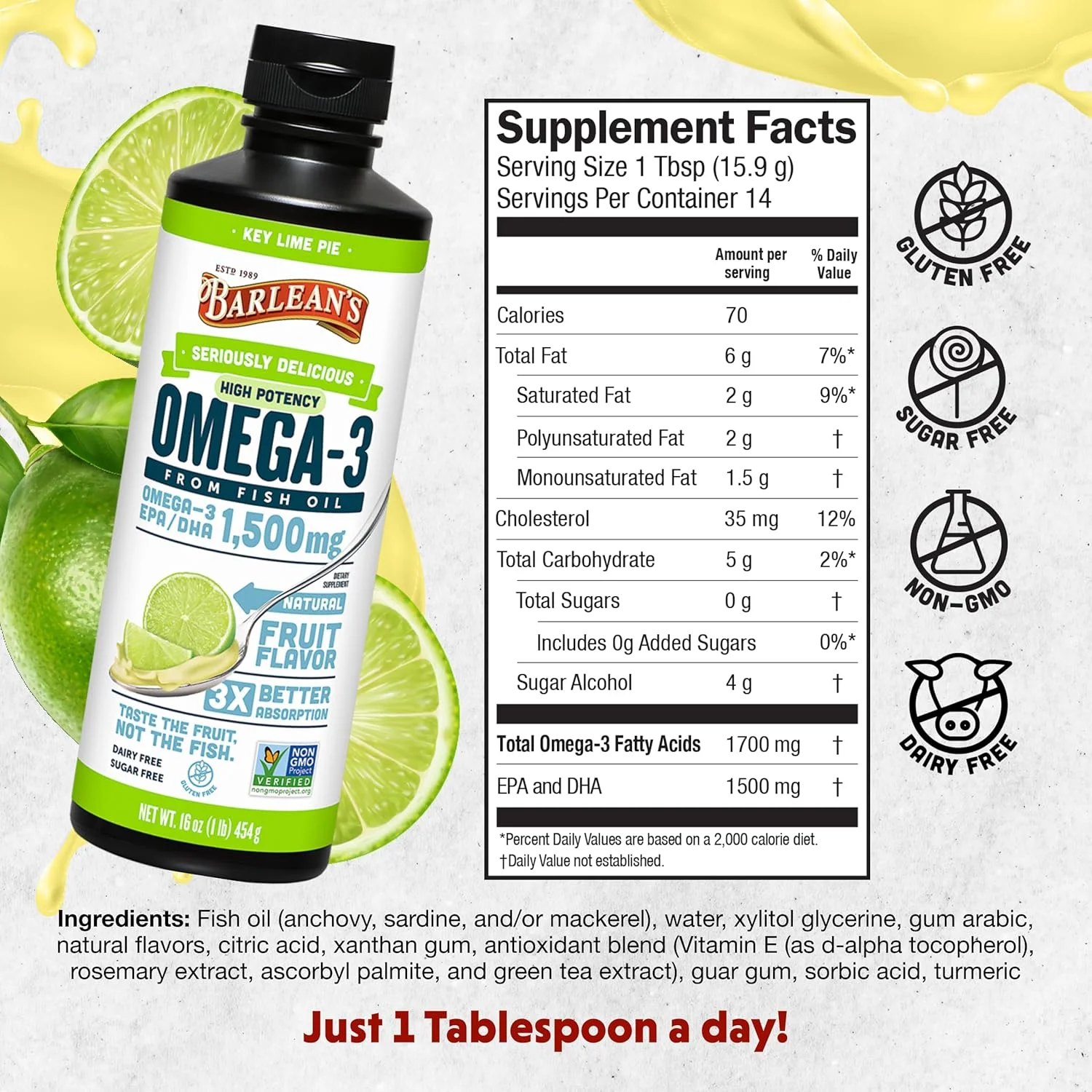 روغن ماهی امگا 3 با قدرت بالا و طعم لذیذ کیک لیمویی بارلینز، 473 میلی لیتر روغن ماهی امگا 3 با قدرت بالا و طعم لذیذ کیک لیمویی بارلینز، 473 میلی لیتر