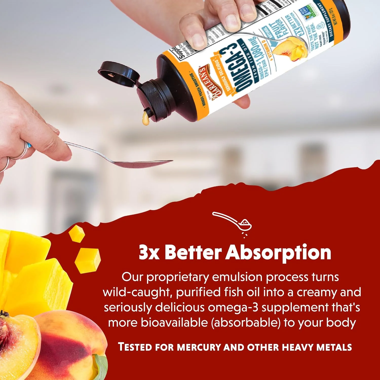 بارلینز امگا سویرل، روغن ماهی به همراه مکمل ویتامین D، انبه هلو، ۴۵۴ گرم