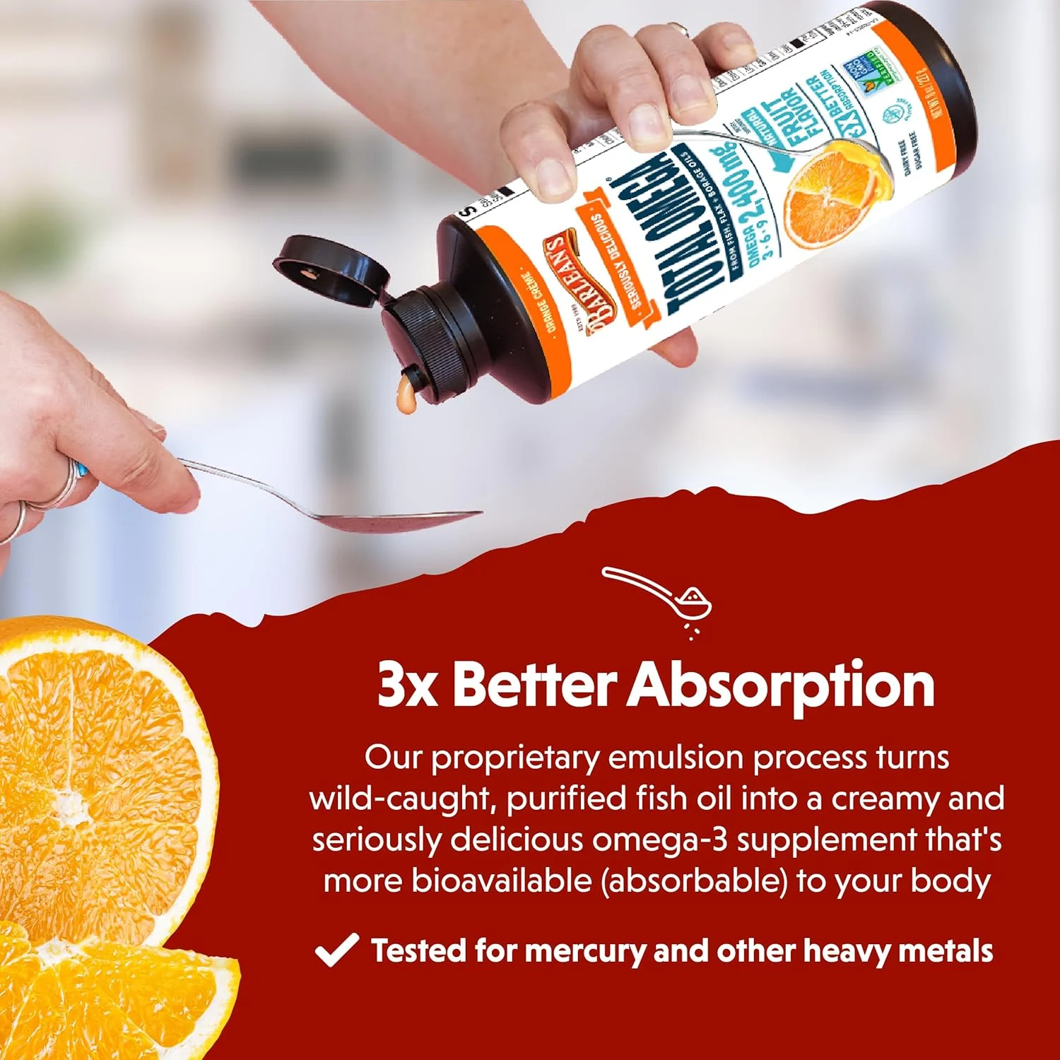 مکمل مایع روغن ماهی امگا 3 6 9 بارلینز، کرم پرتقالی با روغن گل گاوزبان و تخم کتان، 2400 میلی گرم امگا EPA و DHA به همراه GLA برای سلامت مفاصل و قلب، 473 میلی لیتر