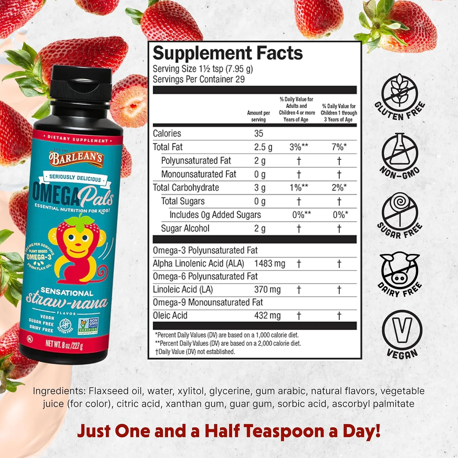 Barlean's، امگا پالز خوشمزه، طعم توت فرنگی-موز، 227 گرم Barlean's، امگا پالز خوشمزه، طعم توت فرنگی-موز، 227 گرم