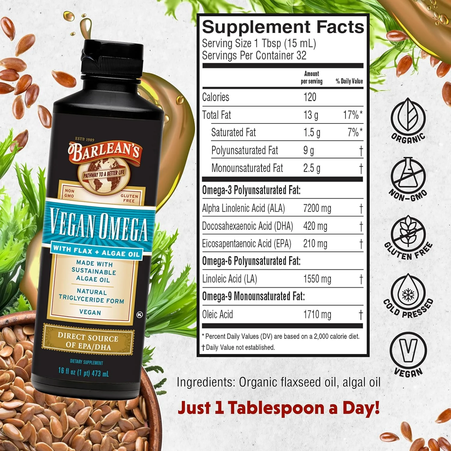 مخلوط روغن جلبک خالص امگا و روغن تخم کتان گیاهی بارلین با 630 میلی گرم EPA/DHA و 7200 میلی گرم ALA - گیاهی، بدون گلوتن - 473 میلی لیتر