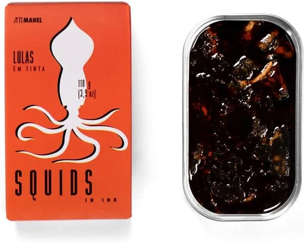 ماهی مرکب اسپانیایی آتی مانل کنسرو شده در جوهر | صید وحشی، حاوی ویتامین های B، امگا 3 | غذای دریایی کنسرو شده | قوطی 110 گرمی