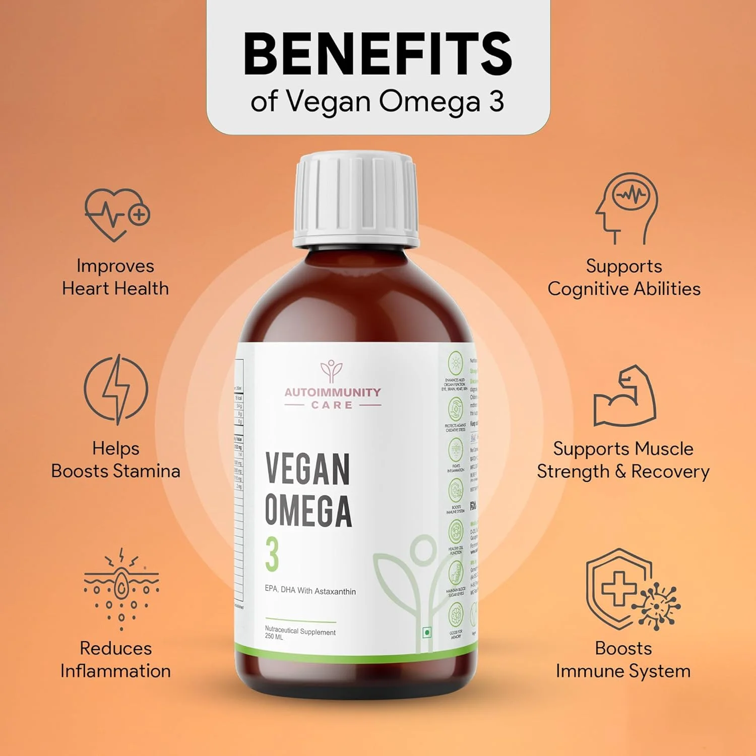 روغن امگا 3 گیاهی | EPA، DHA با آستاگزانتین | مکمل سلامتی برای قلب، مغز، چشم، پوست، عضلات، استخوان و مفاصل | بهتر از روغن ماهی | 100% گیاهی | 250 میلی لیتر روغن