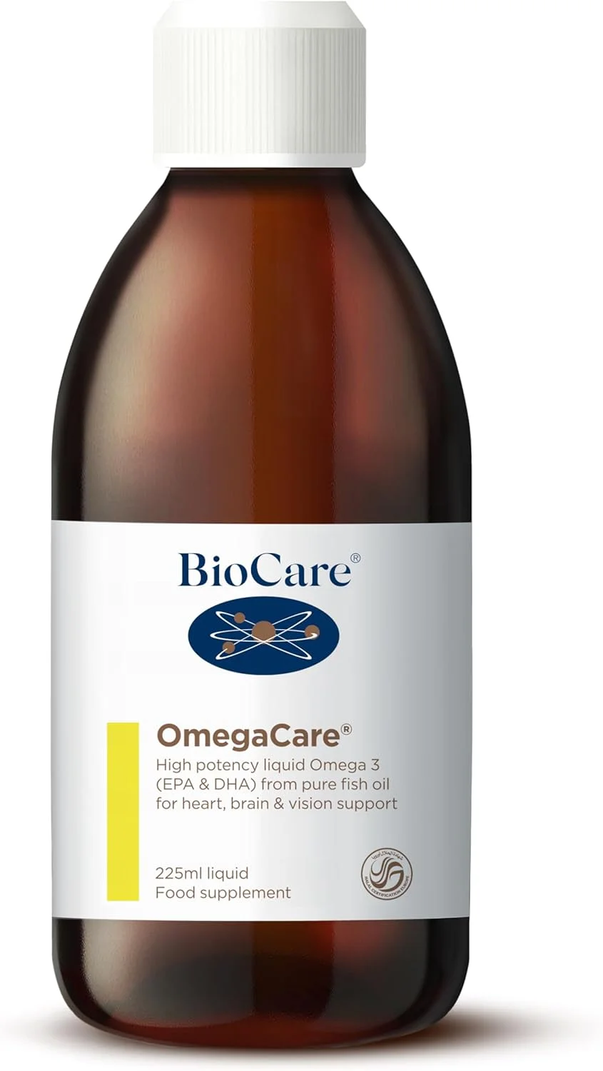 BioCare OmegaCare | روغن ماهی مایع با غلظت بالا با روغن پرتقال شیرین | پشتیبانی از قلب، مغز و بینایی | روغن ماهی تری گلیسیریدی | 225 میلی لیتر