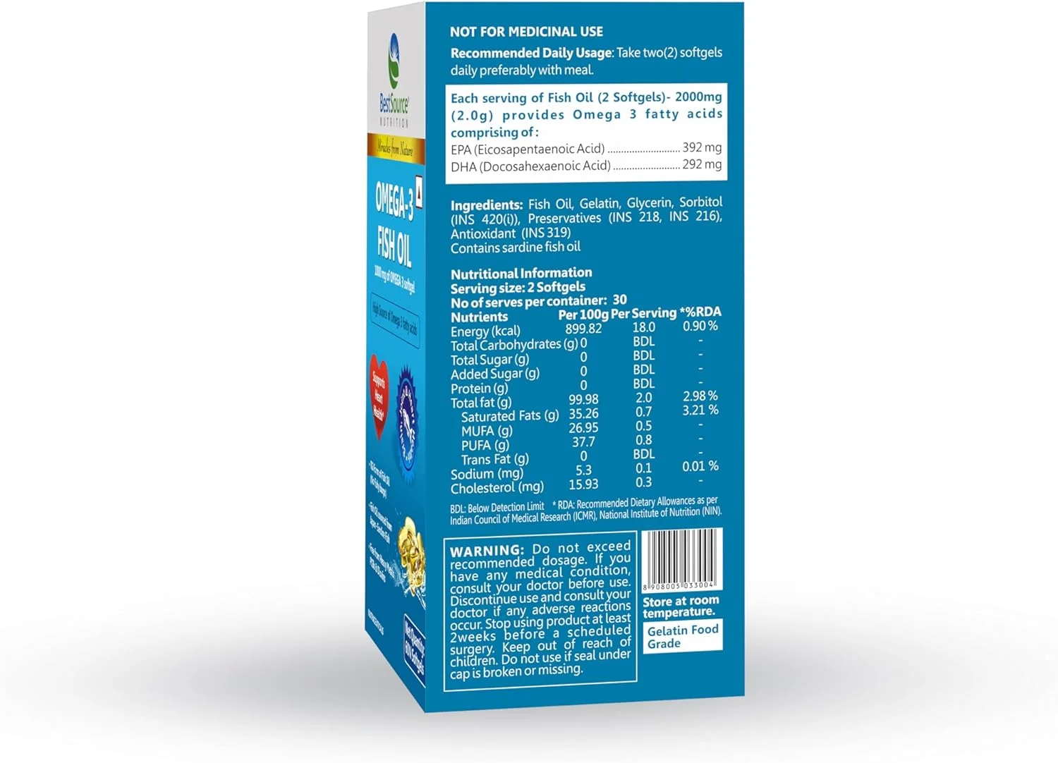 روغن ماهی امگا 3 BestSource Nutrition (EPA و DHA طبیعی)، فاقد فلزات سنگین، PCB و دیوکسین، بدون بوی ماهی، بدون آروغ، 60 سافت ژل 600 میلی گرمی