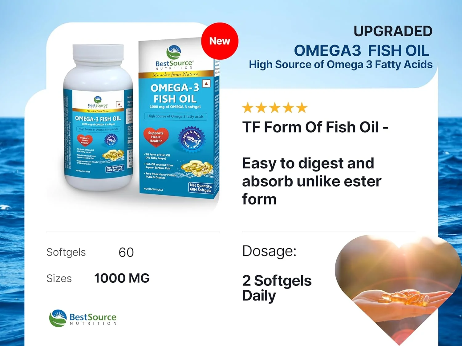 روغن ماهی امگا 3 BestSource Nutrition (EPA و DHA طبیعی)، فاقد فلزات سنگین، PCB و دیوکسین، بدون بوی ماهی، بدون آروغ، 60 سافت ژل 600 میلی گرمی