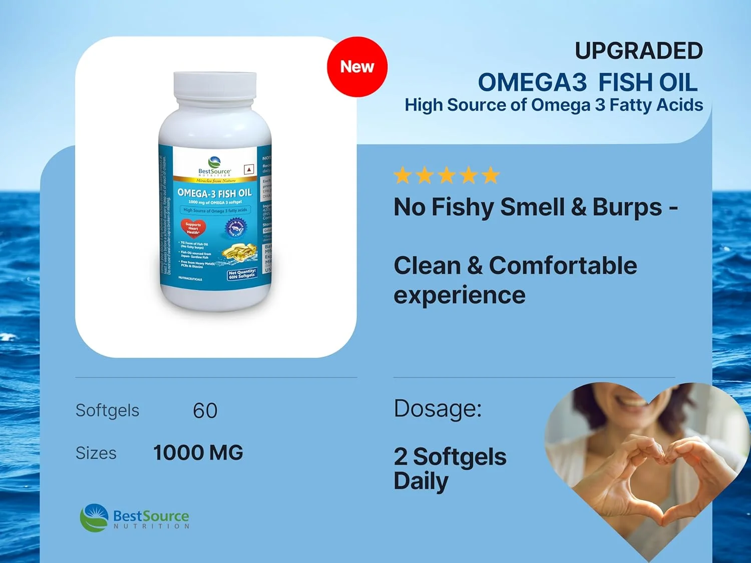 روغن ماهی امگا 3 BestSource Nutrition (EPA و DHA طبیعی)، فاقد فلزات سنگین، PCB و دیوکسین، بدون بوی ماهی، بدون آروغ، 60 سافت ژل 600 میلی گرمی