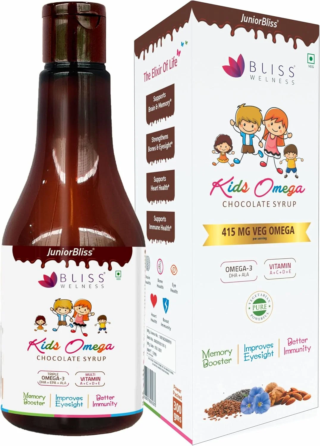 شربت امگا 3 6 9 + مولتی ویتامین کودکان بلیس ولنس جونیور بلیس | امگا 3 DHA EPA ALA ویتامین A C D E | مکمل تقویت تمرکز، حافظه، هوش، بینایی، ایمنی و سلامت مغز - 100 گرم - شربت شکلاتی