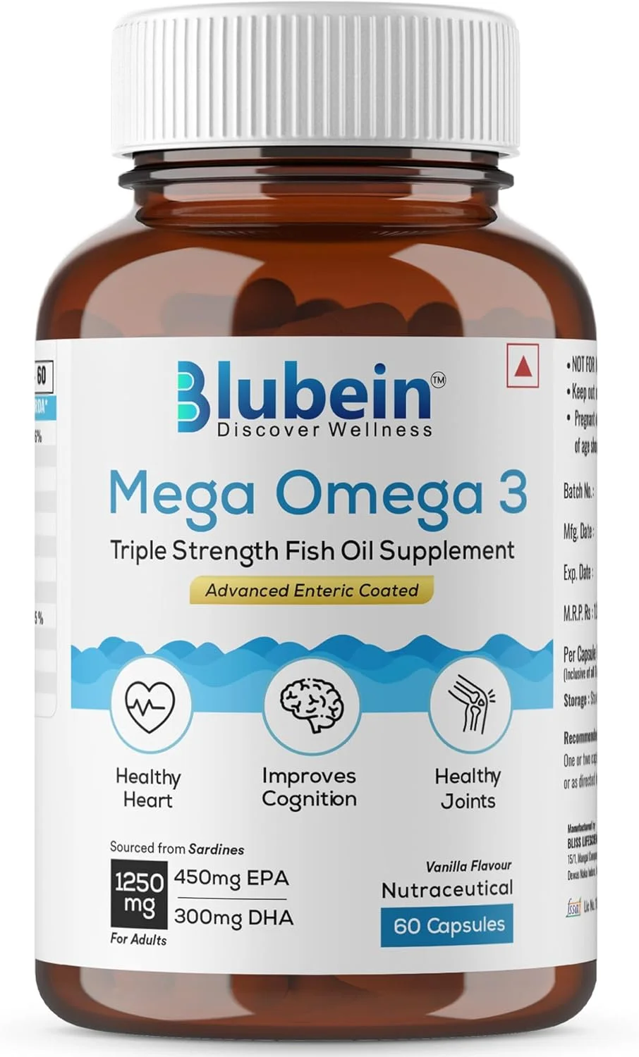 کپسول های روغن ماهی امگا 3 مگا برای آقایان و بانوان، با قدرت سه برابر و 1250 میلی گرم (450 میلی گرم EPA و 300 میلی گرم DHA) برای ریکاوری عضلات، قلب سالم، مفاصل و مغز - 60 کپسول