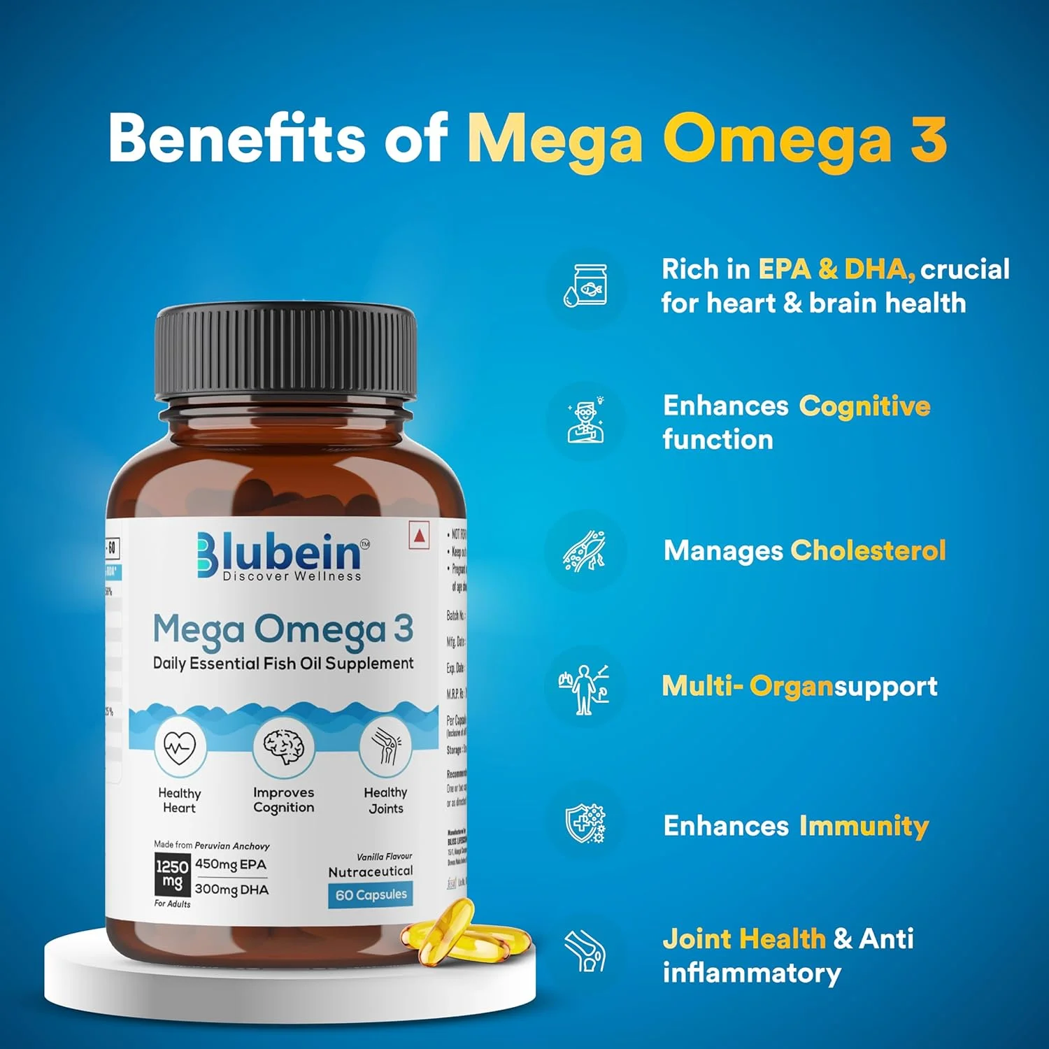 کپسول های روغن ماهی امگا 3 مگا برای آقایان و بانوان، با قدرت سه برابر و 1250 میلی گرم (450 میلی گرم EPA و 300 میلی گرم DHA) برای ریکاوری عضلات، قلب سالم، مفاصل و مغز - 60 کپسول کپسول های روغن ماهی امگا 3 مگا برای آقایان و بانوان، با قدرت سه برابر و 1250 میلی گرم (450 میلی گرم EPA و 300 میلی گرم DHA) برای ریکاوری عضلات، قلب سالم، مفاصل و مغز - 60 کپسول