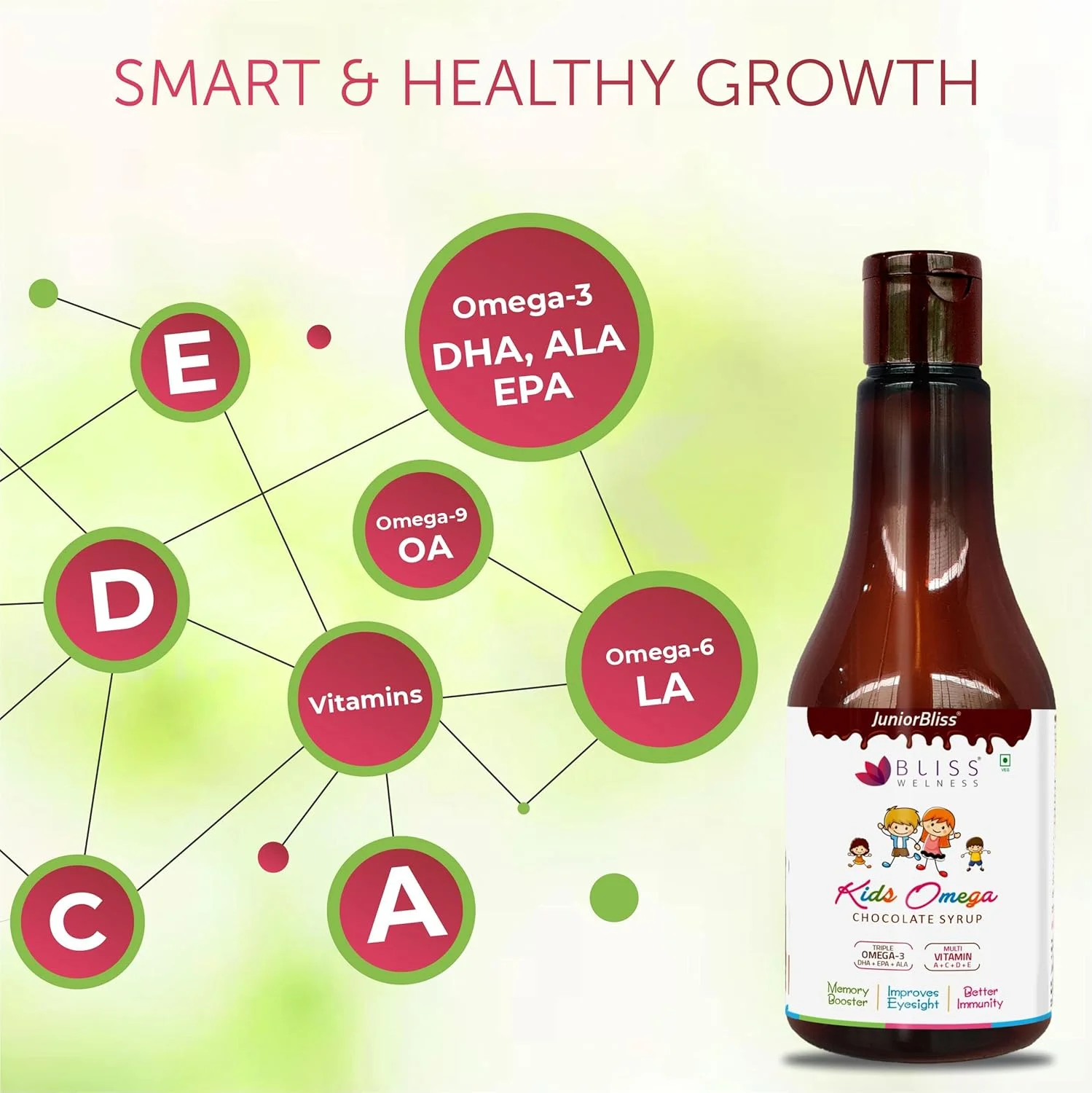 شربت امگا 3 6 9 + مولتی ویتامین کودکان بلیس ولنس جونیور بلیس | امگا 3 DHA EPA ALA ویتامین A C D E | مکمل تقویت تمرکز، حافظه، هوش، بینایی، ایمنی و سلامت مغز - 100 گرم - شربت شکلاتی