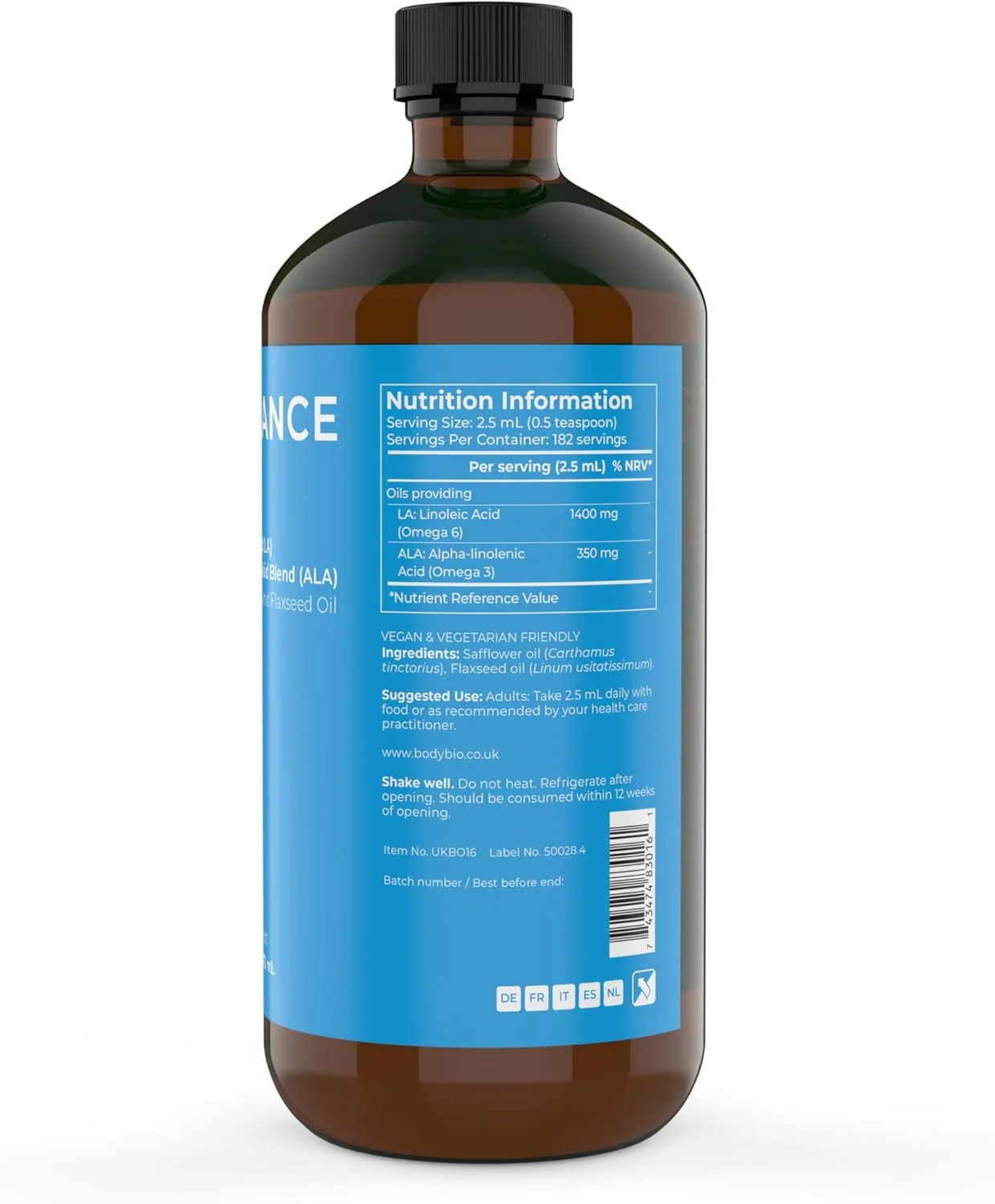 BodyBio امگا 3 + 6 | اسیدهای چرب ضروری | ترکیبی از روغن گلرنگ و تخم کتان | پرس سرد | اسید چرب LA & ALA | روغن متعادل کننده 473 میلی لیتر، قهوه ای