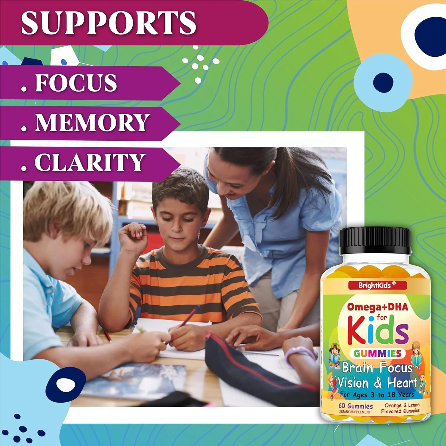 پاستیل امگا + DHA برای کودکان و نوجوانان برای تقویت حافظه و تمرکز، امگا 3 برای حمایت از بینایی، سلامت قلب، وضوح و توجه | گیاهی، غیر GMO | 60 عدد ساخت آمریکا
