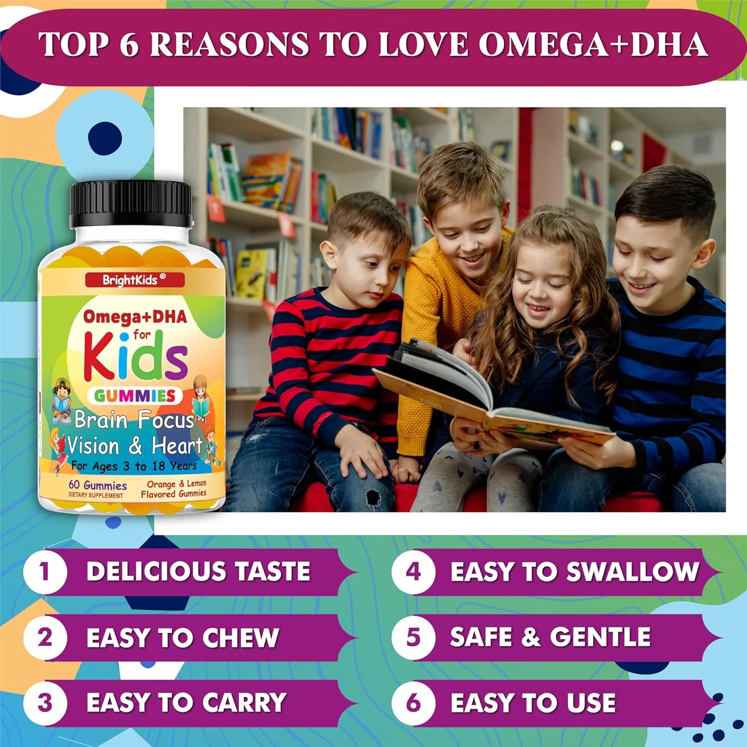 پاستیل امگا + DHA برای کودکان و نوجوانان برای تقویت حافظه و تمرکز، امگا 3 برای حمایت از بینایی، سلامت قلب، وضوح و توجه | گیاهی، غیر GMO | 60 عدد ساخت آمریکا