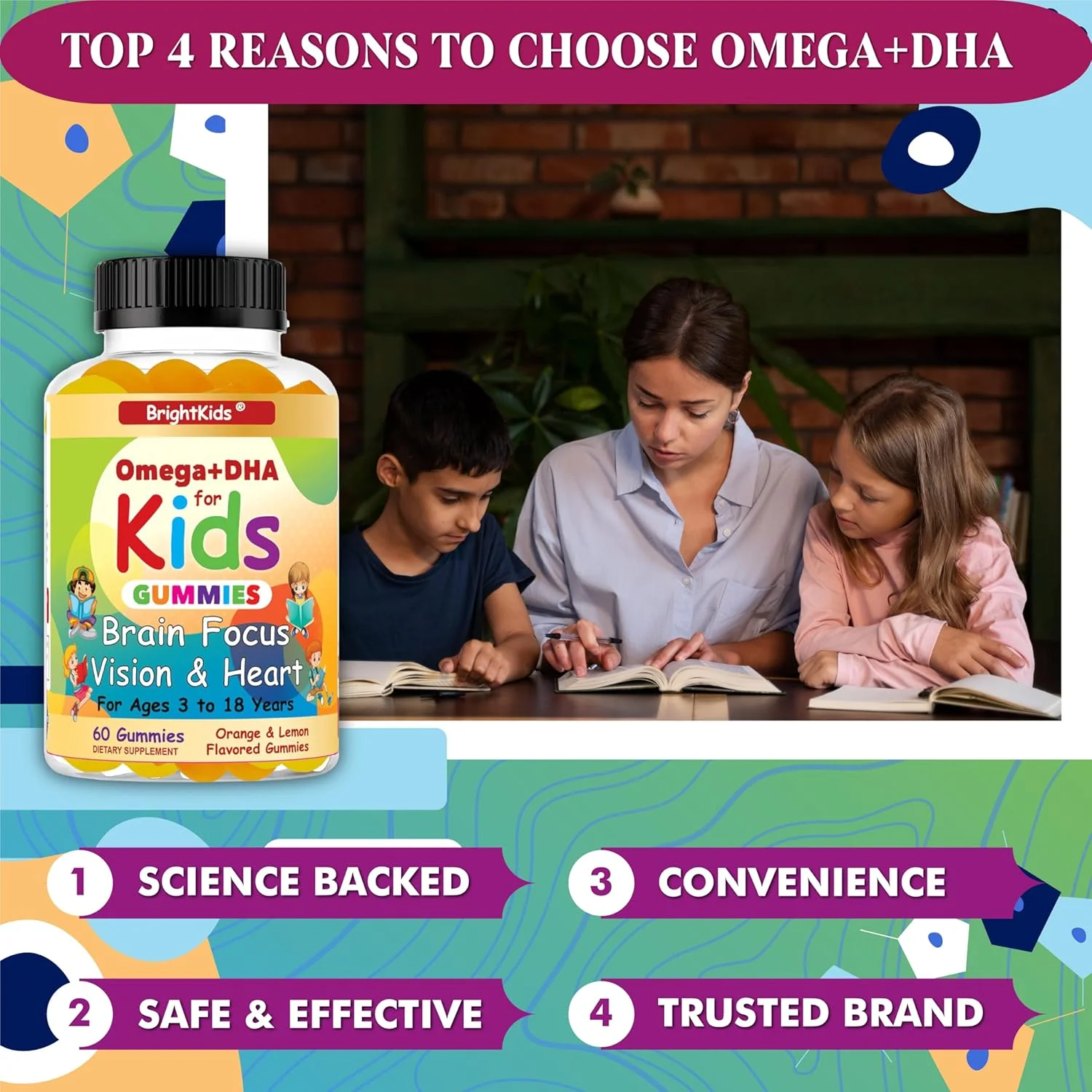 پاستیل امگا + DHA برای کودکان و نوجوانان برای تقویت حافظه و تمرکز، امگا 3 برای حمایت از بینایی، سلامت قلب، وضوح و توجه | گیاهی، غیر GMO | 60 عدد ساخت آمریکا