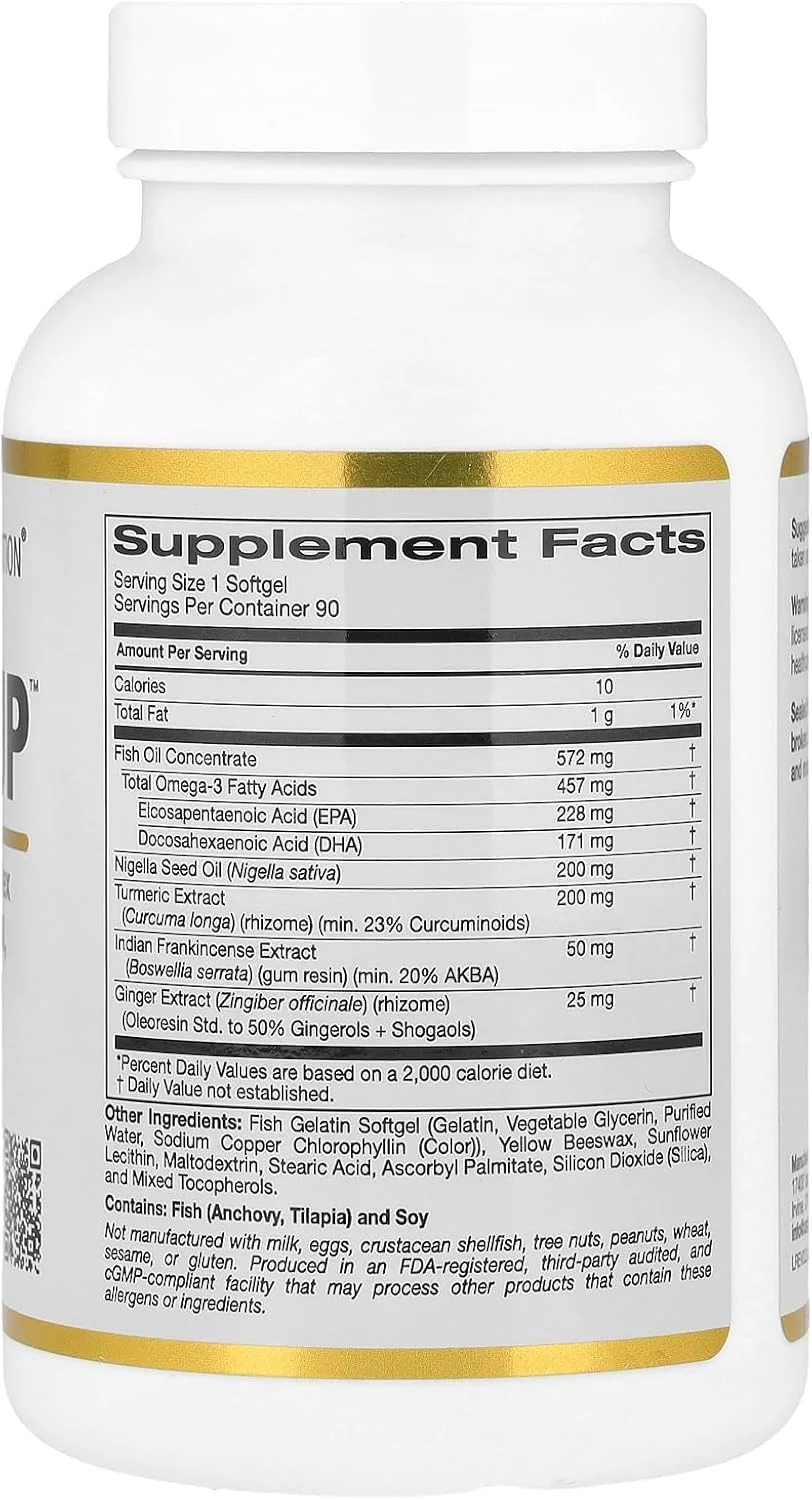 کالیفرنیا گلد Nutrition, CurcuminUP™ با کمپلکس کورکومین امگا 3، روغن دانه زیره سیاه، Boswellia و زنجبیل، 90 سافت ژل ژلاتین ماهی